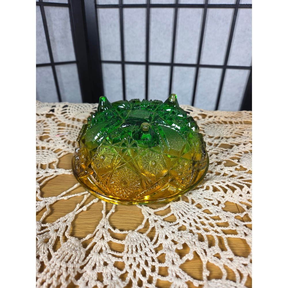 Vintage Green Amber Ombre Starburst Pressed Glass Footed Decorative Bowl